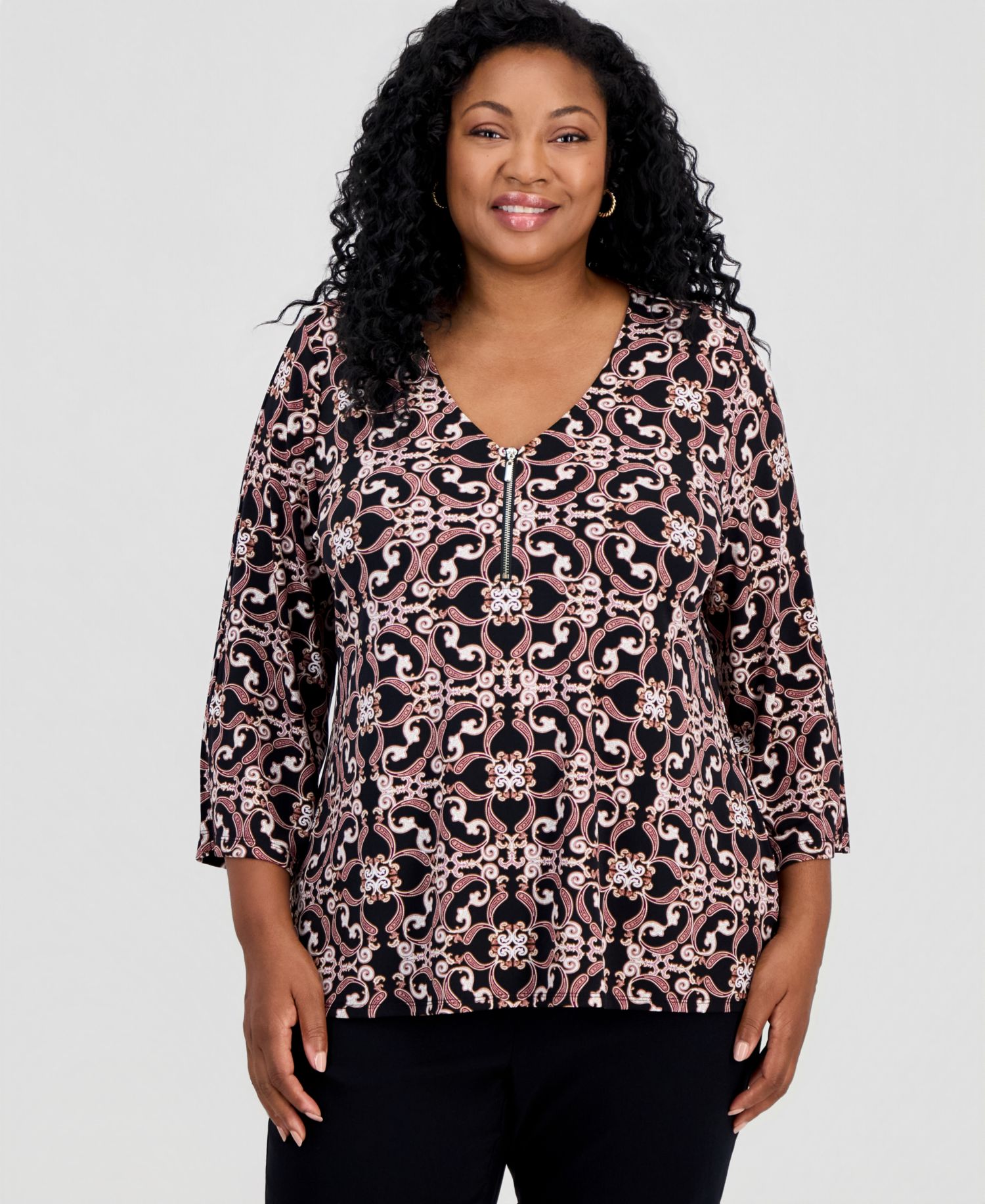 Petite Paisley Scarf V-Neck 3/4-Sleeve Blouse