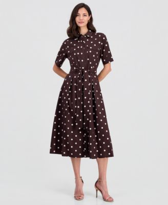 Women's Elbow-Sleeve Button-Front Tie-Waist Dress