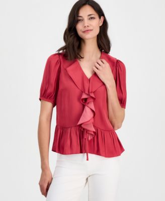 Women's V-Neck Ruffle-Front Short-Sleeve Blouse 
