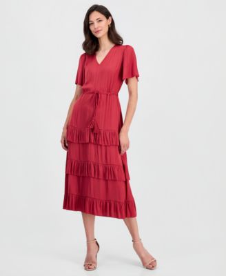 Women's V-Neck Short-Sleeve Tiered-Ruffle Dress