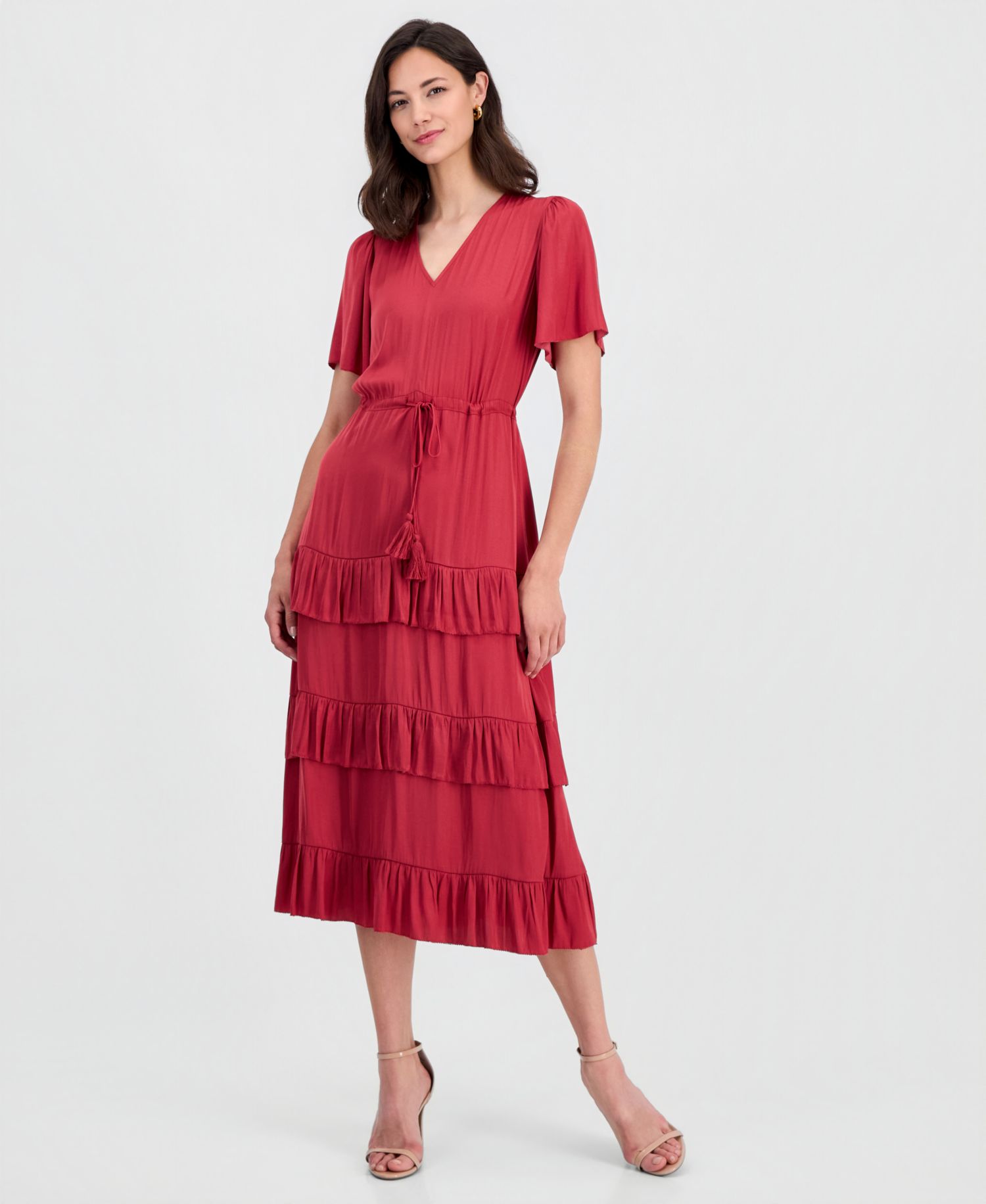 Women's V-Neck Short-Sleeve Tiered-Ruffle Dress