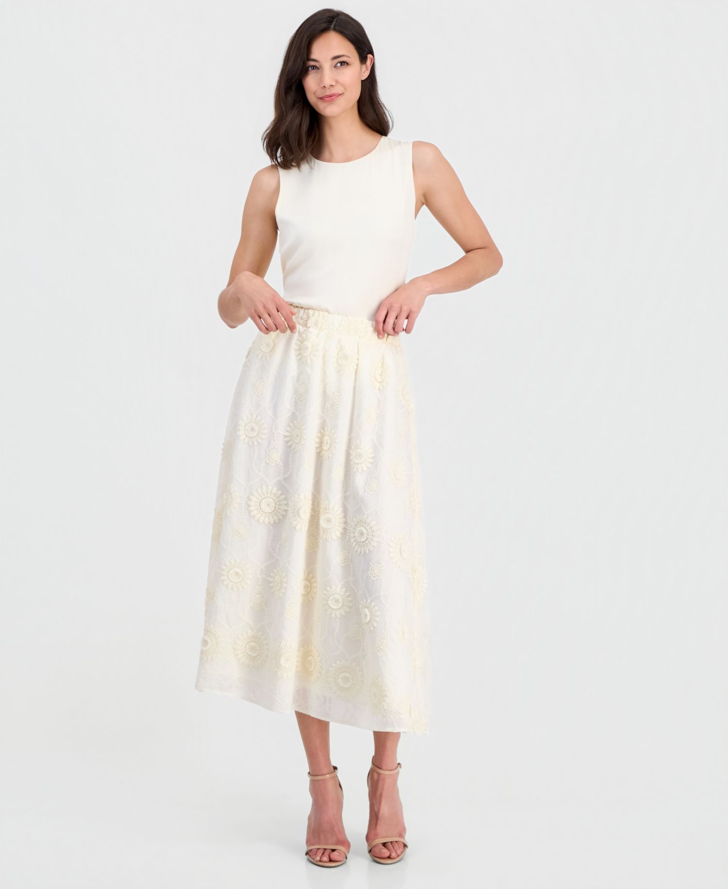 Women's Pull-On Floral-Embroidered Midi Skirt