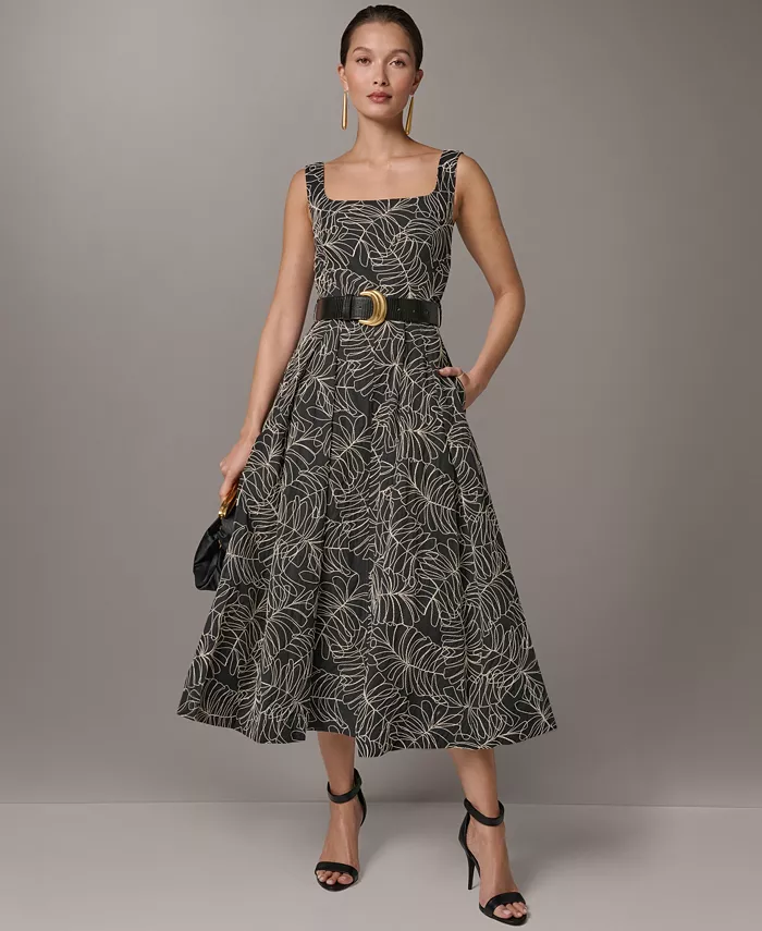 Women's Square Neck A-Line Midi Dress with Polyurethane Belt