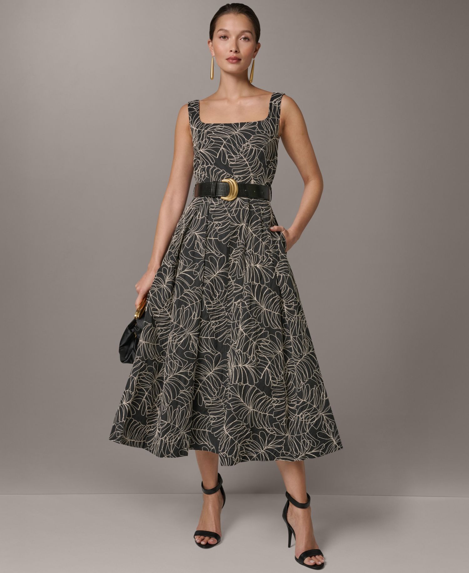Women's Square Neck A-Line Midi Dress with Polyurethane Belt