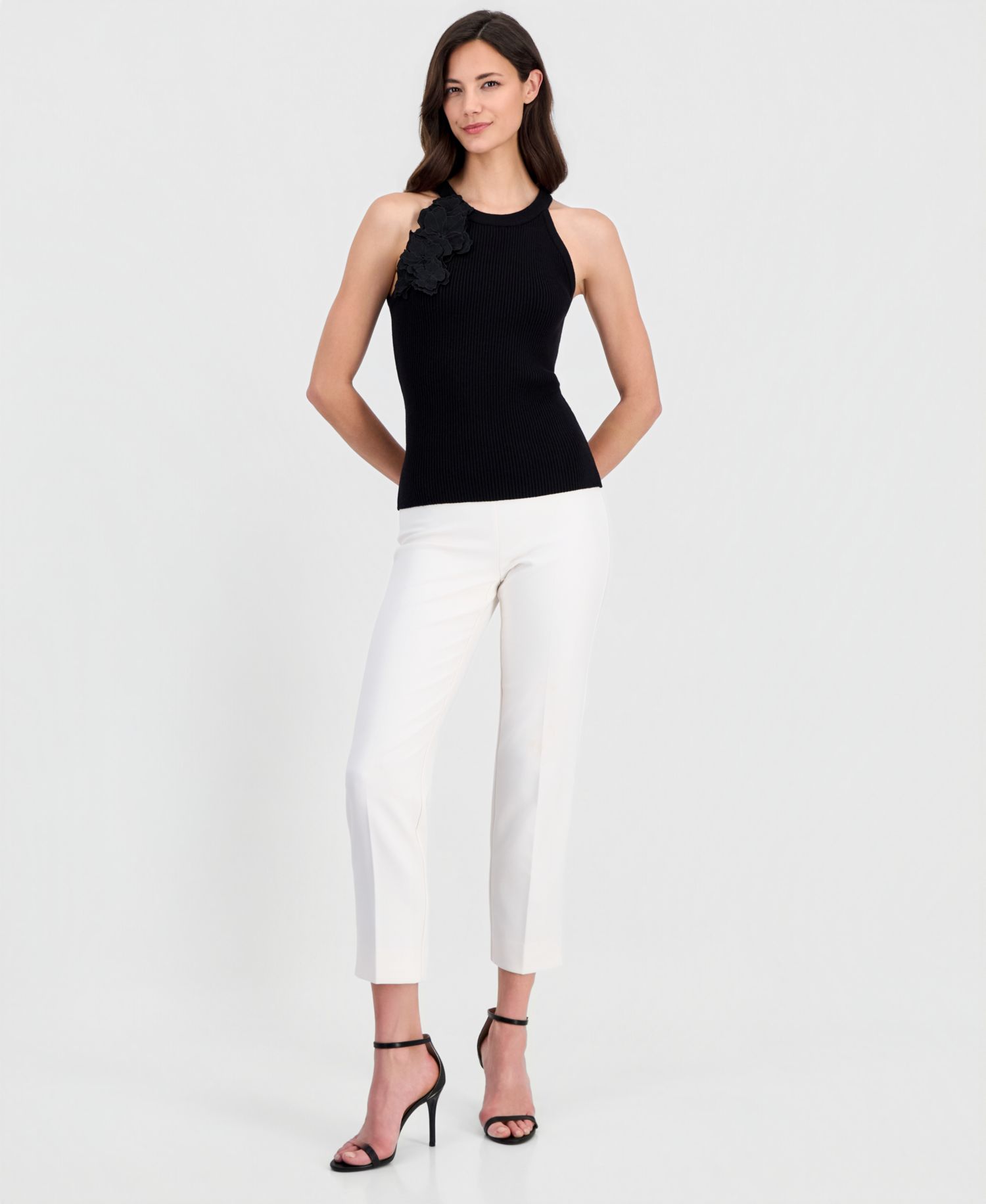 Women's Round-Neck Floral-Appliqu&eacute; Rib-Knit Top