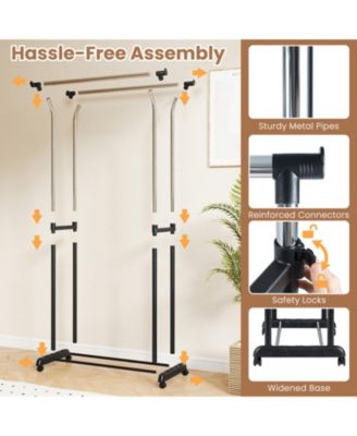 Double Rod Rolling Garment Rack with Adjustable Height from 42 to 69 in