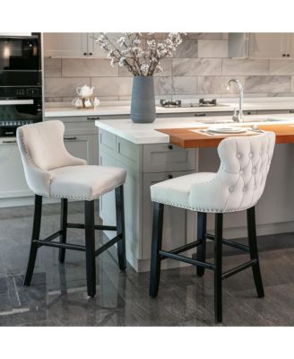 Velvet Wingback Bar Stools Set of 2, Counter Height Chairs with Solid Wood Legs, Button Tufted and Nailhead Trim for Kitchen Island