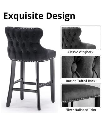 Velvet Wingback Bar Stools Set of 2, Counter Height Chairs with Solid Wood Legs, Button Tufted and Nailhead Trim for Kitchen Island