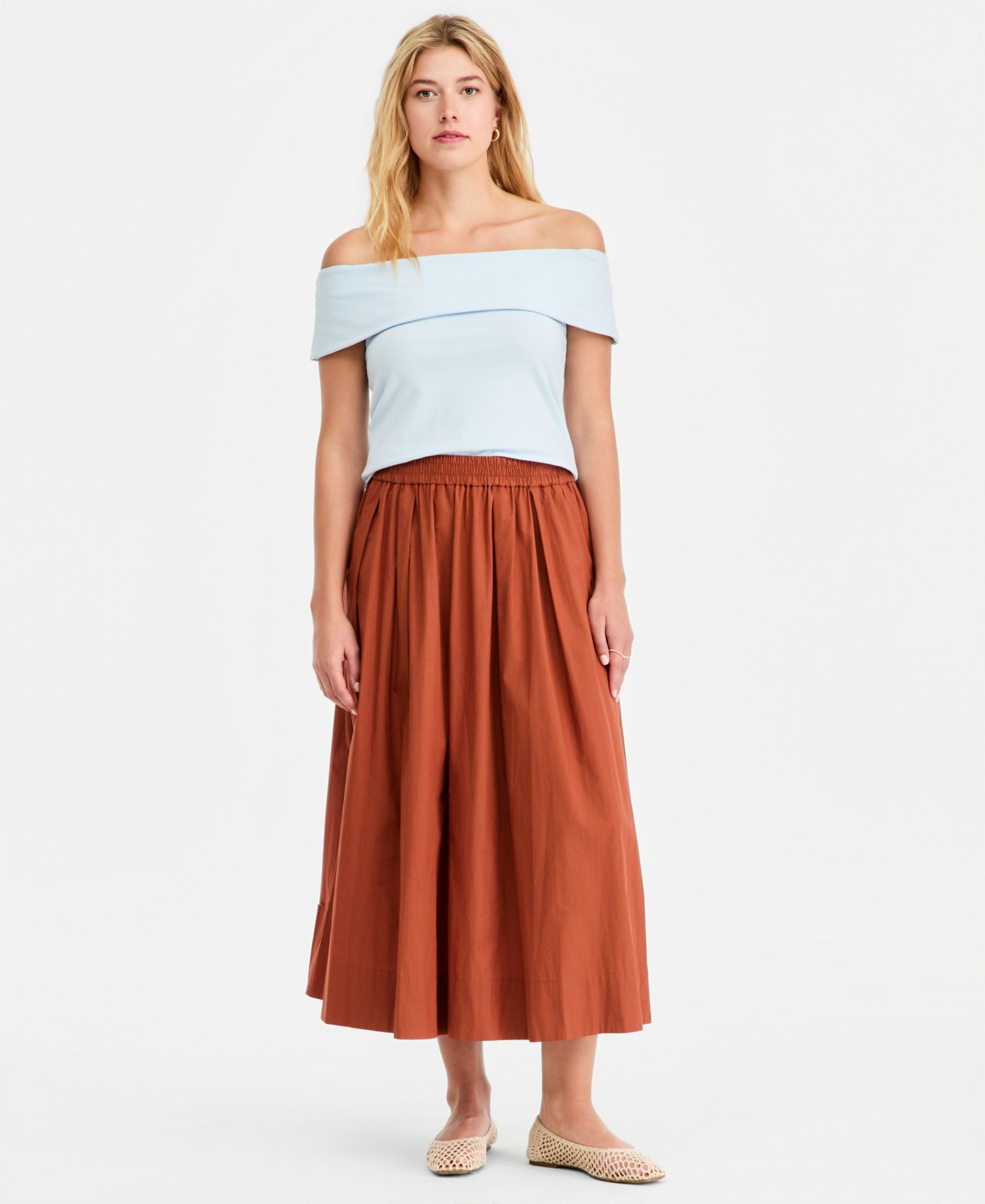 Women's Pull-On Cotton Poplin Midi Skirt