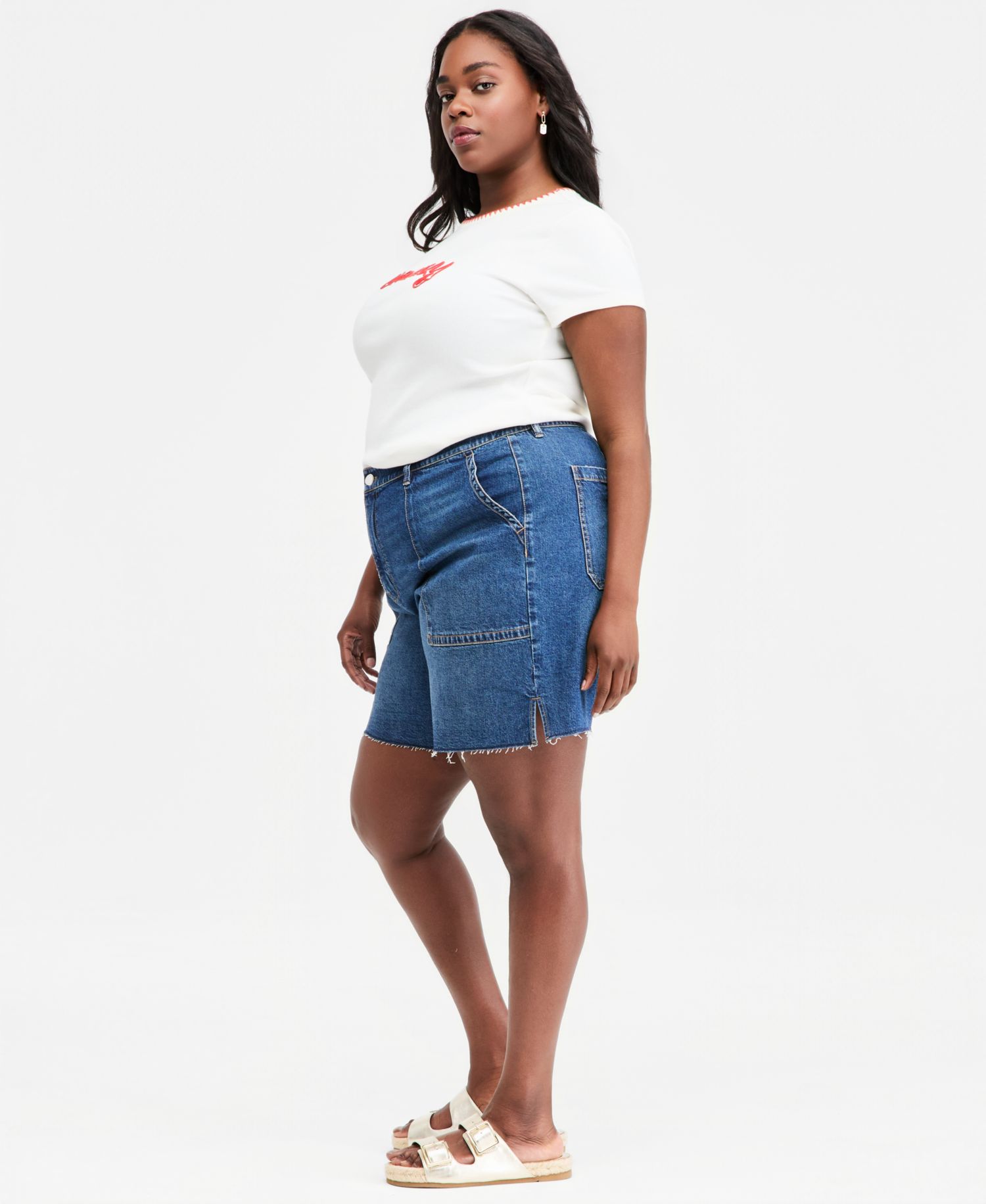 Plus Size High Rise A-line Denim Utility Bermuda Shorts
