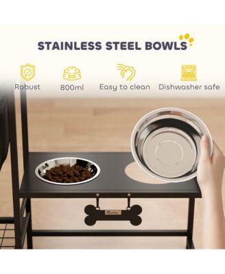 Black Elevated Dog Bowl Stand - 3 height adjustable, 2 feeding stations, built-in toy bin basket. Neat, ergonomic design