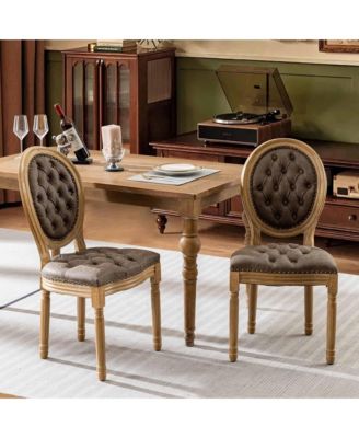 French Dining Chairs Set of 2, Vintage Wooden Kitchen Chairs with PU Leather Upholstered Tufted Seat, Nailhead Trims for Dining Room