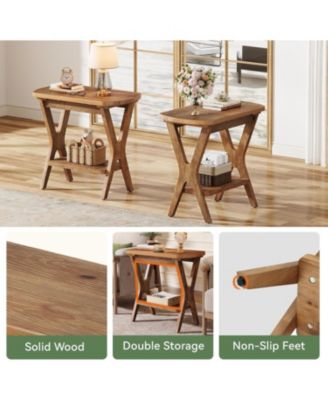 Solid Wood Side Table, 2-Tier End Table with Storage, Farmhouse Nightstand for Small Spaces