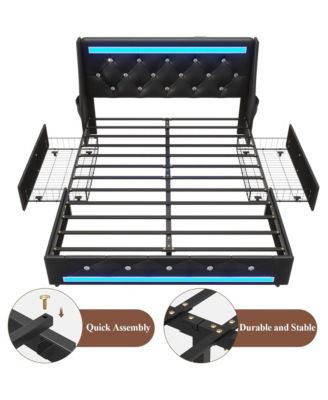 Bed Frame with Wingback Upholstered Diamond Headboard and 2 Storage Drawers