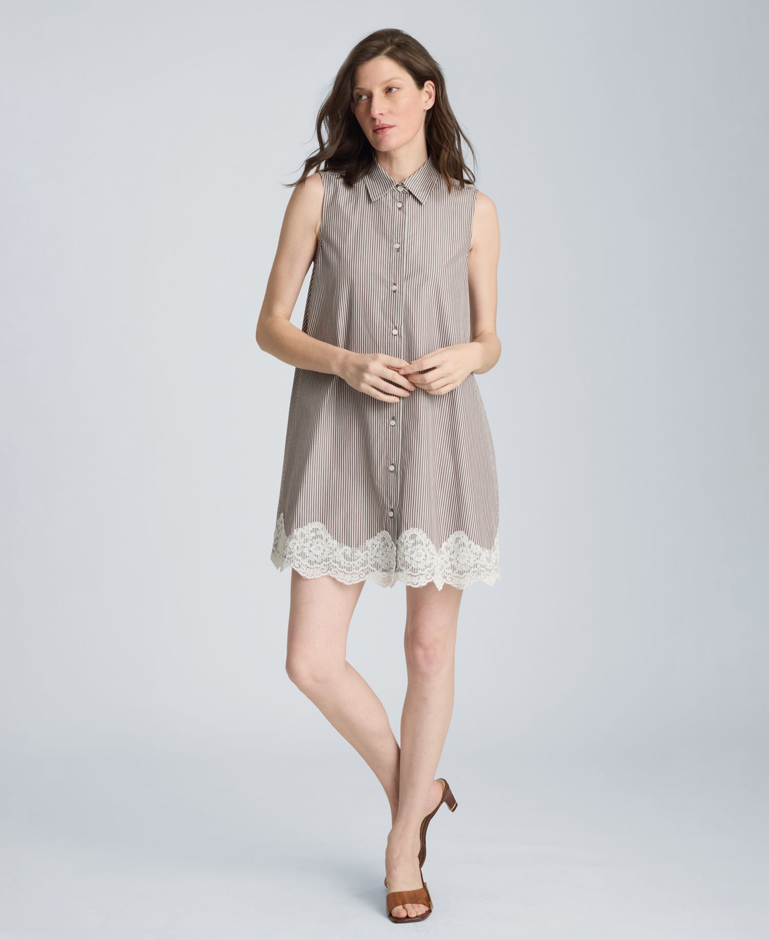 Women's Striped Collared Neck Swing Shirt Dress with Lace Trim