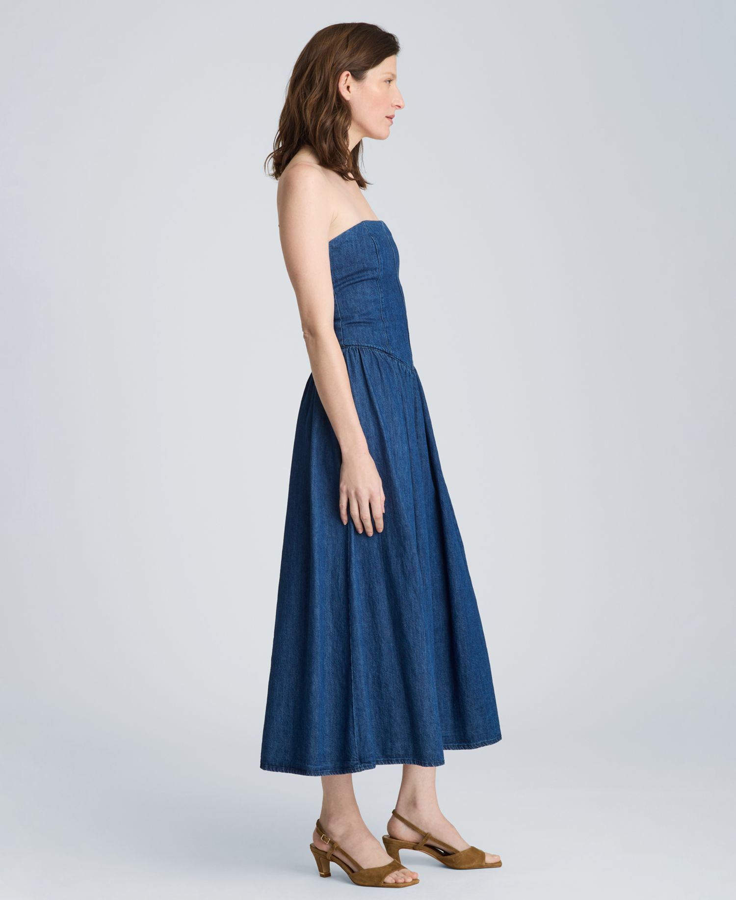 Women's Strapless Bustier Denim Midi Dress