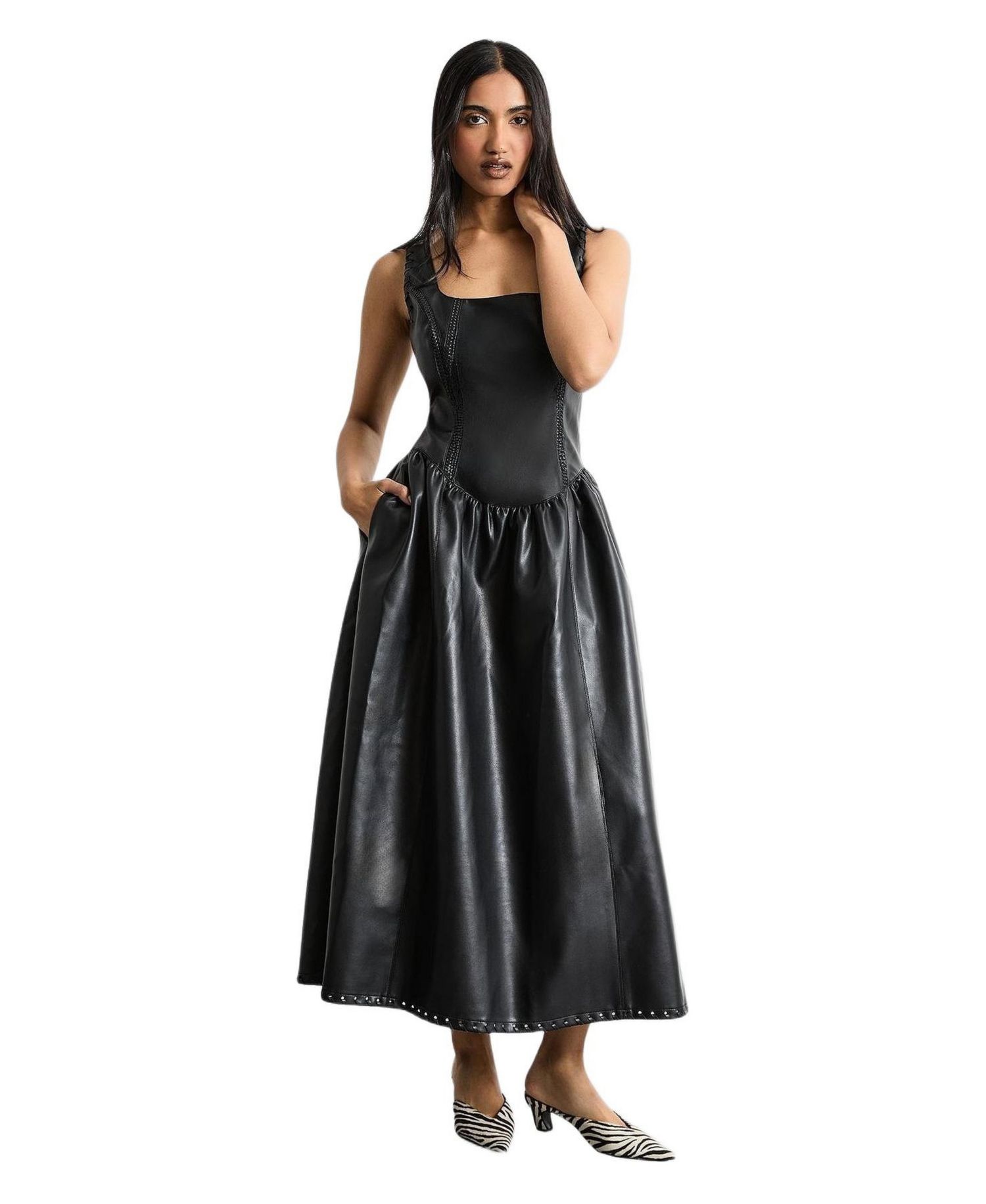 Women's Faux Leather Whipstitch Trim Midi Dress