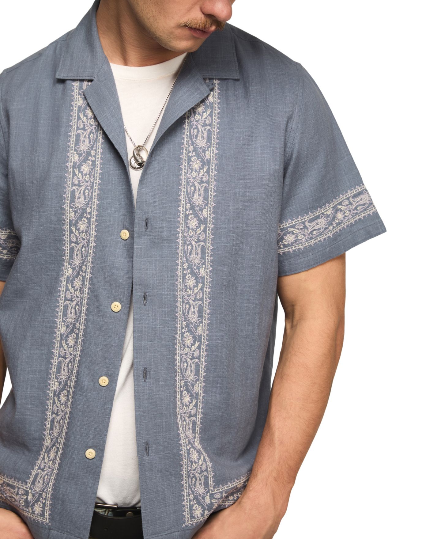 Мужской топ Lucky Brand Detailed Lace Trim Camp Collar Short-Sleeve, цвет: Синий — фото 4