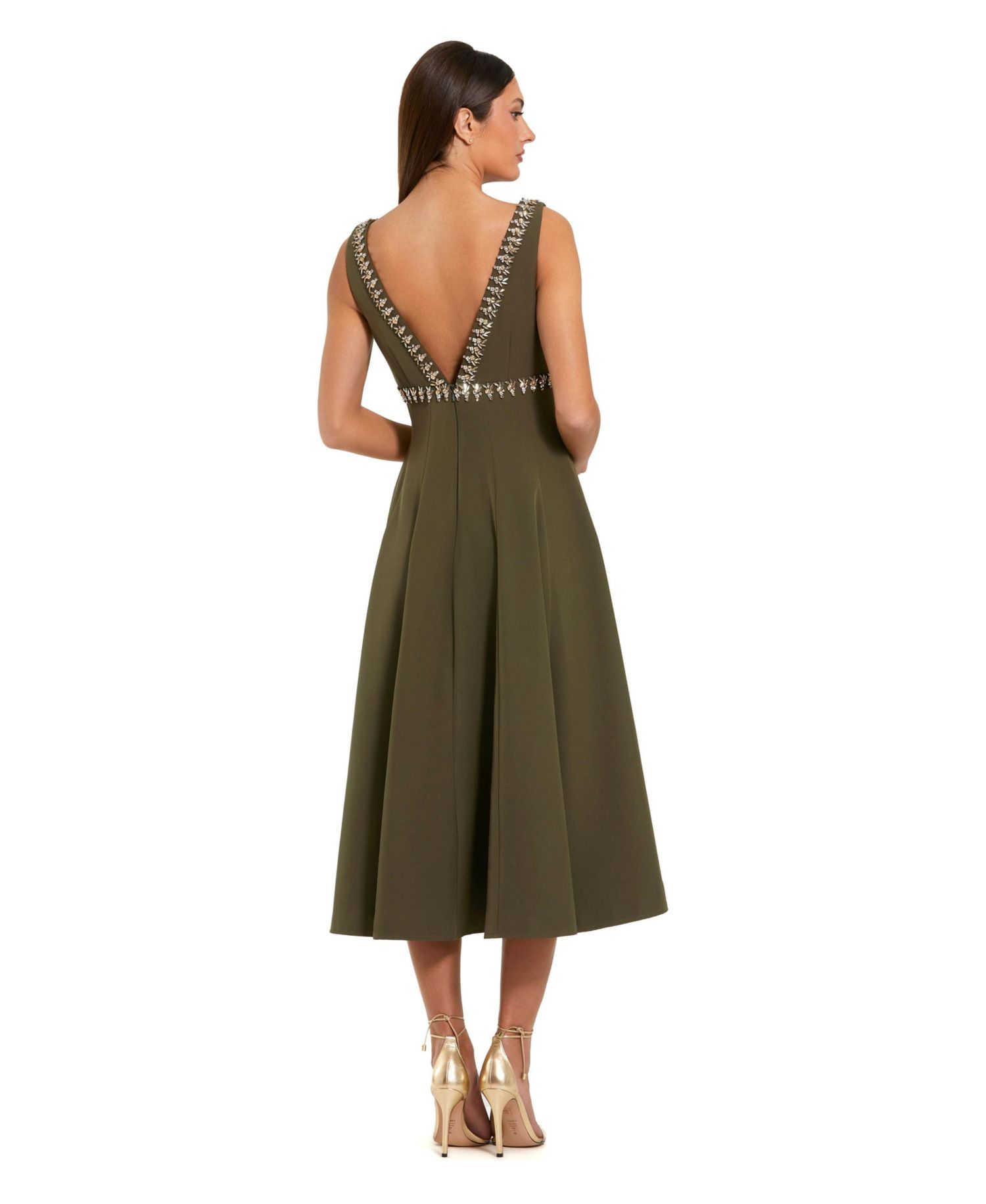 Women's Rhinestone Embellished Crepe A Line Midi Dress