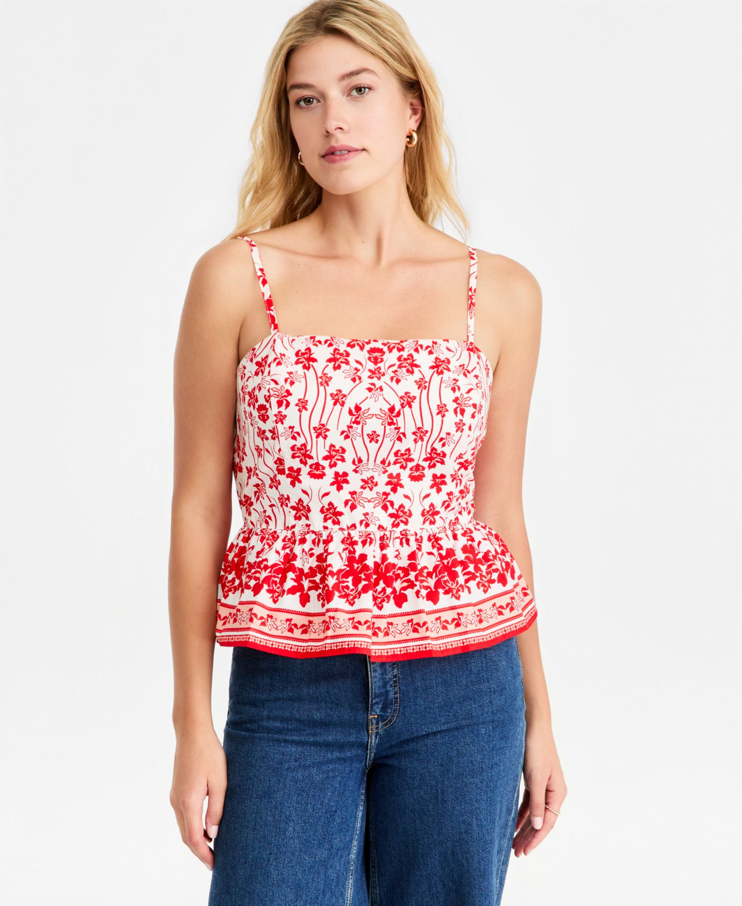 Women's Printed Cotton Tie-Back Peplum Top