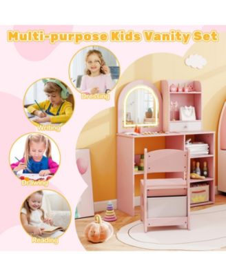 Kids Makeup Vanity Desk and Chair Set with 3-Color LED Mirror