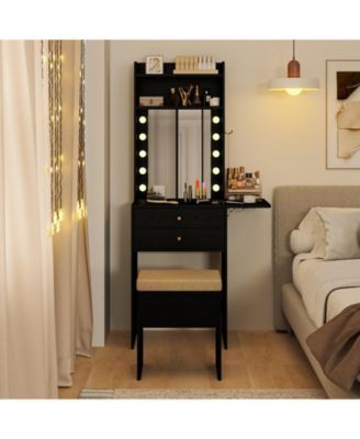 Compact Vanity Desk Set with 3-Color Lighted Mirror, Power Outlets and Stool