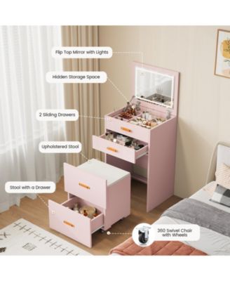 3-in-1 Compact Vanity Desk with Mirror and Adjustable LED Lights, Dressing Table Set with Storage and Rolling Chair, For Girls' Bedrooms