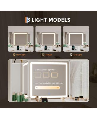 Corner Vanity, Corner Vanity Desk with Mirror and Lights, Fluted Makeup Table with Charging Station, Drawers, Storage Cabinets
