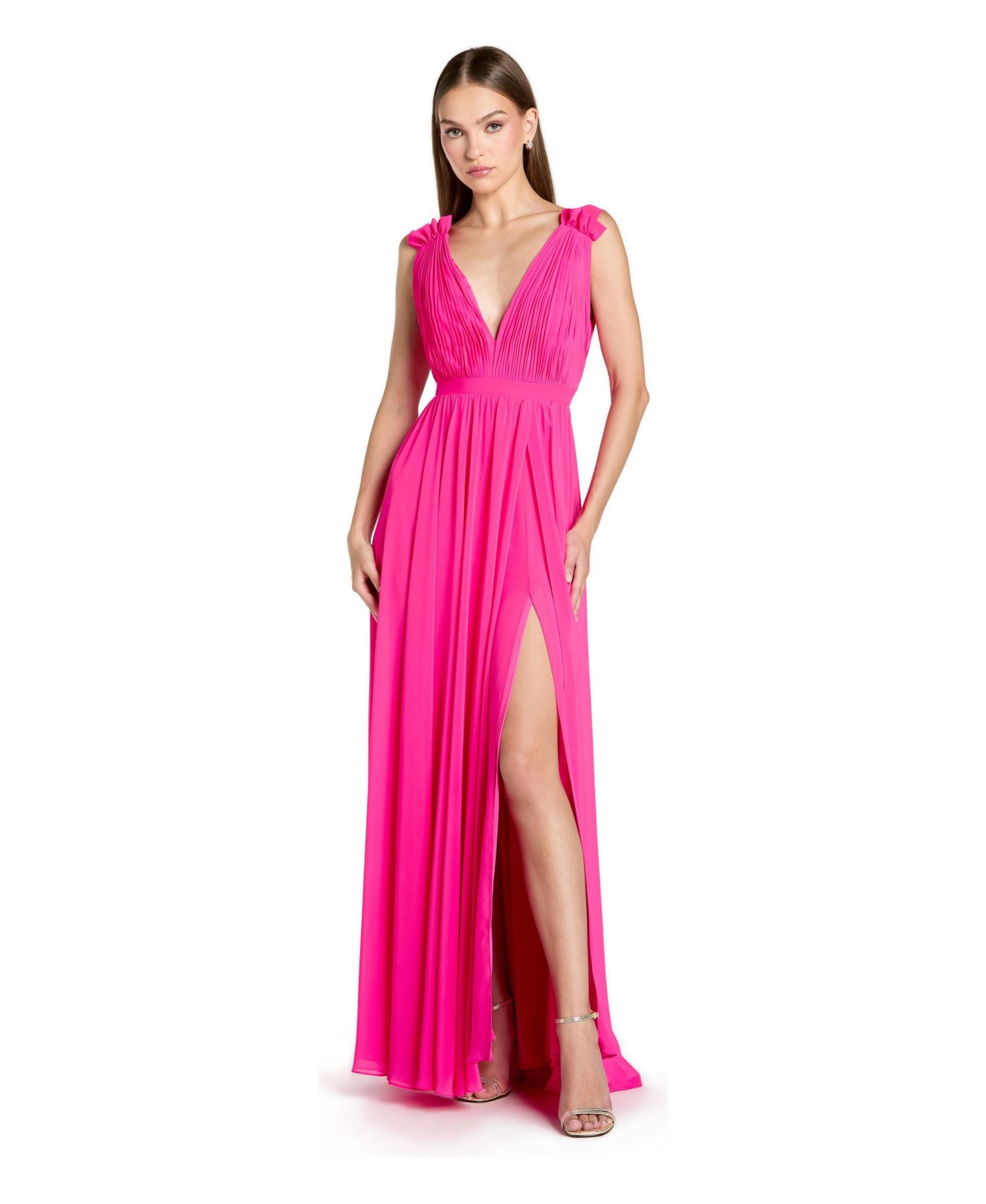 Petite Sleeveless Pleated Chiffon V-Neck Gown