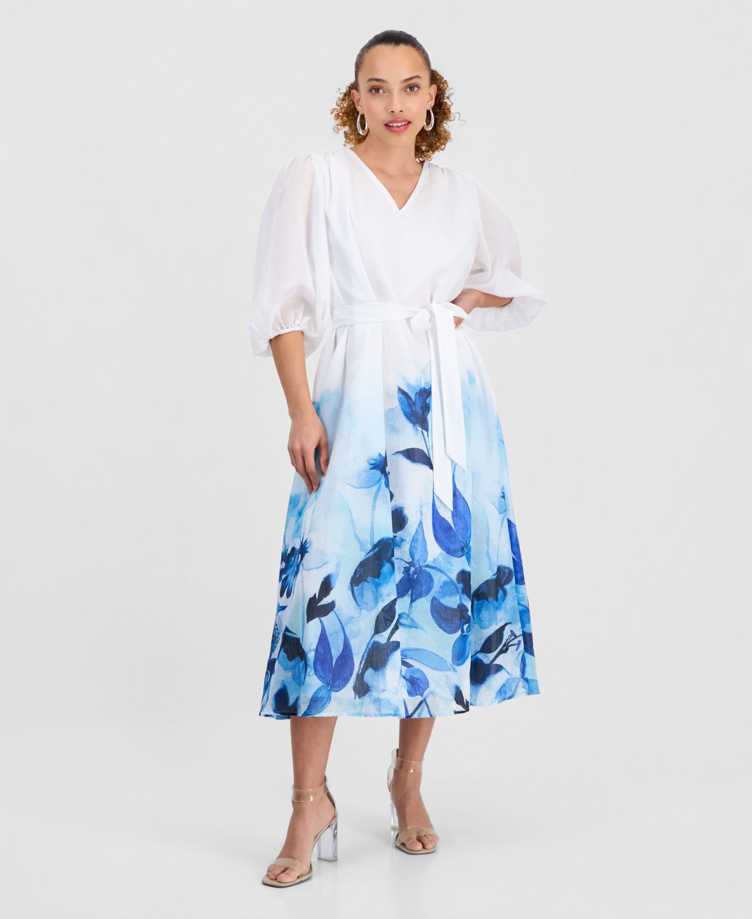 Petite V-Neck Puff-Sleeve Dress