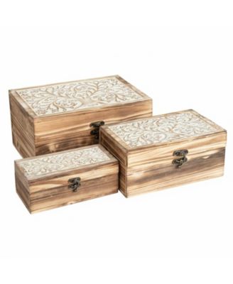 3 Piece Tree Of Life Carved Wooden Keepsake Boxes Decorative Storage Trinket Memorabilia