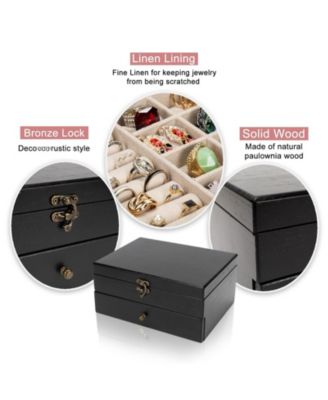 Rustic Wooden Jewelry Organizer Box for Women Farmhouse Style Solid Wood Linen Lined Multifunctional Holder