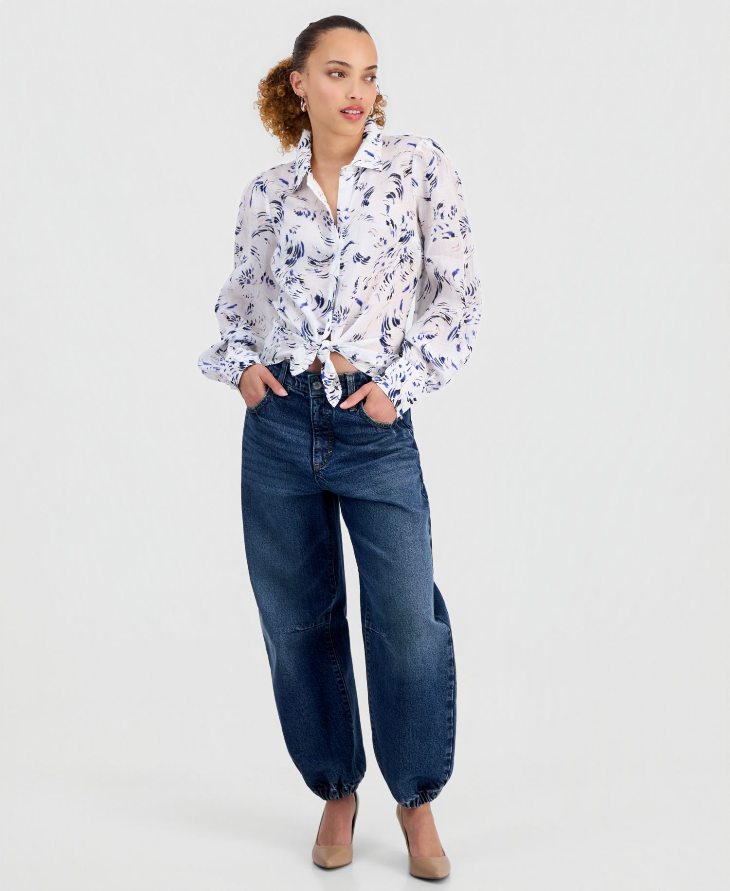 Petite Long Sleeve Printed Ramie Button Down Shirt