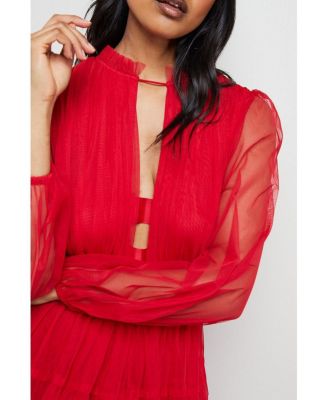 Women's Ruffle Neck Tulle Maxi Dress