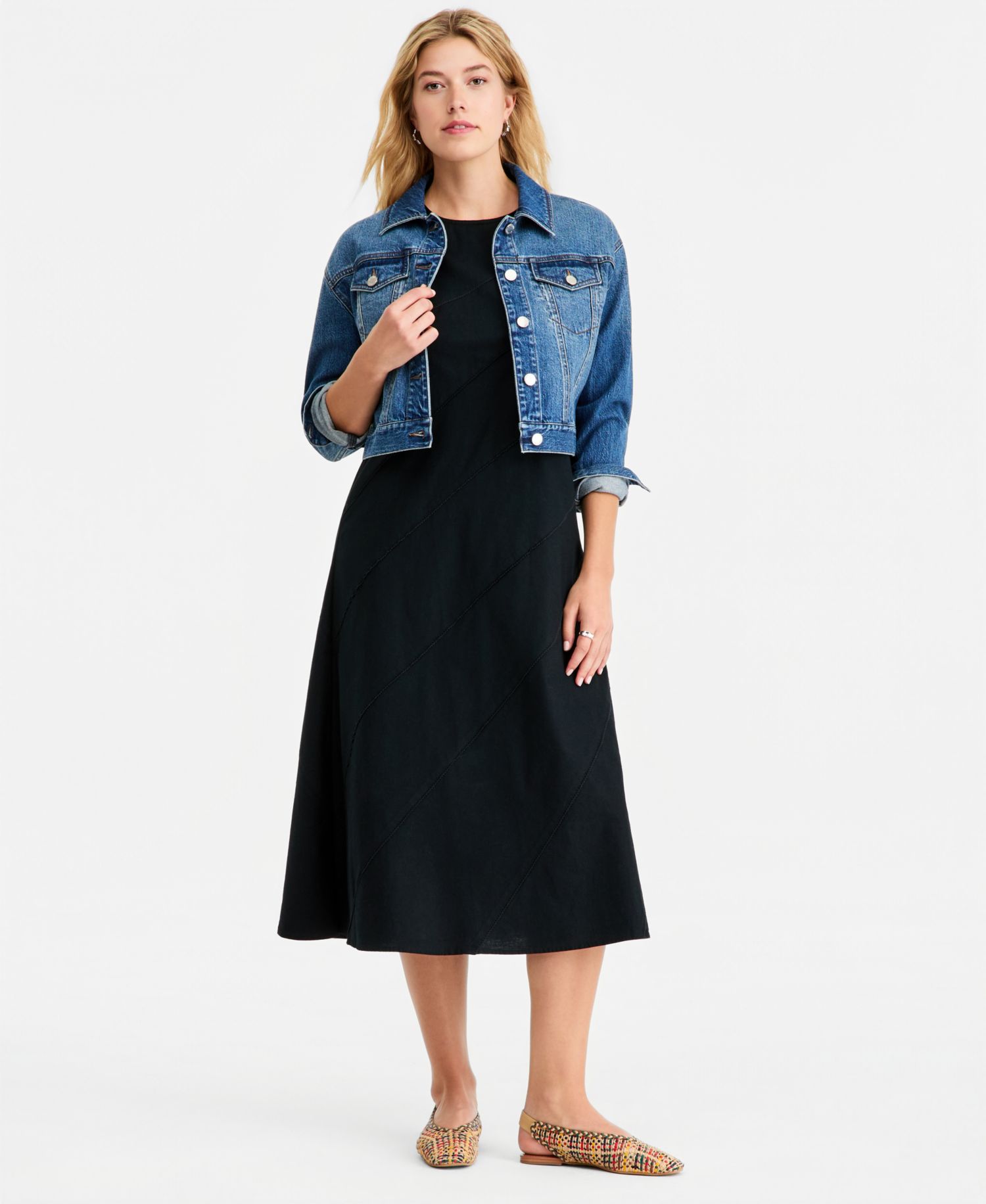 Women's Linen-Blend Diagonal Seam Midi Dress