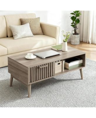 39.4" Mid Century Modern Coffee Table with Storage, 2-Tier Fluted Rectangle Center Table with Drawer, Open Shelf and Wood Legs for Living Room