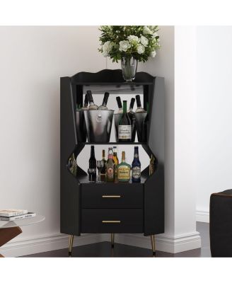 Wooden Corner Bar Cabinet with Mirrored Back and 2 Drawers