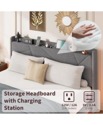 Floating Upholstered Bed Frame with LED Lights, Charging Headboard and Storage Shelf, Box Spring Not Required