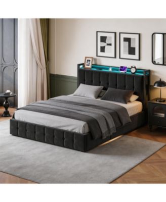 Full Size Lift-Up Hydraulic Storage Upholstered Soft Bed Frame with LED Lights, Power Outlets, Sturdy Metal Slats