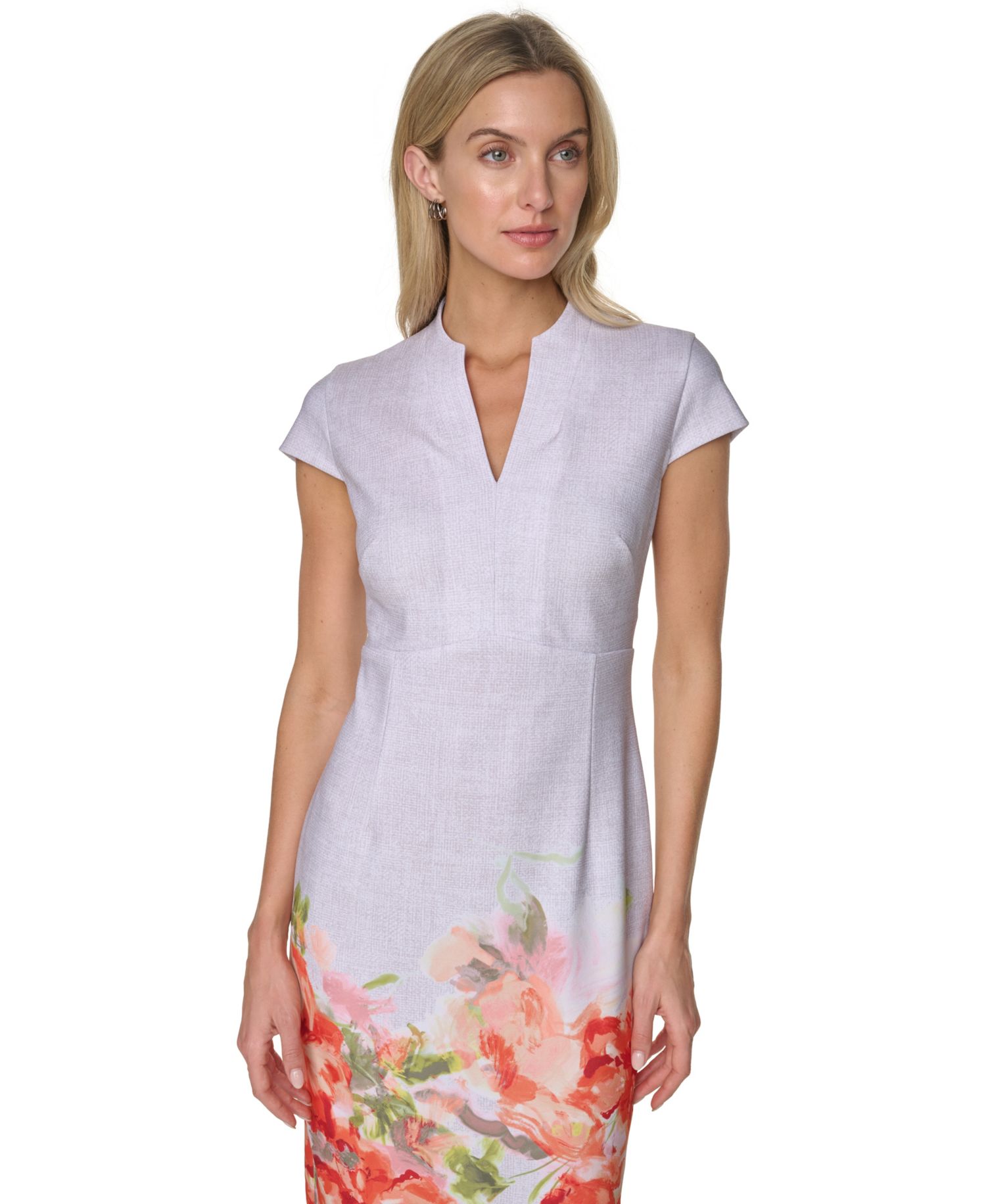 Petite Placement Printed Split V-Neck Sheath Dress