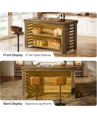 55" Kitchen Island with Seating and Storage, 3-Tier Farmhouse Wood Stationary Island Table with Large Work Surface, Coffee Bar Table