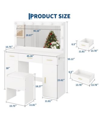 Vanity Desk with Mirror and Lights, Large Makeup Vanity Table with Power Outlet and Stool, Vanity Dressing Table for Bedroom Dressing Room