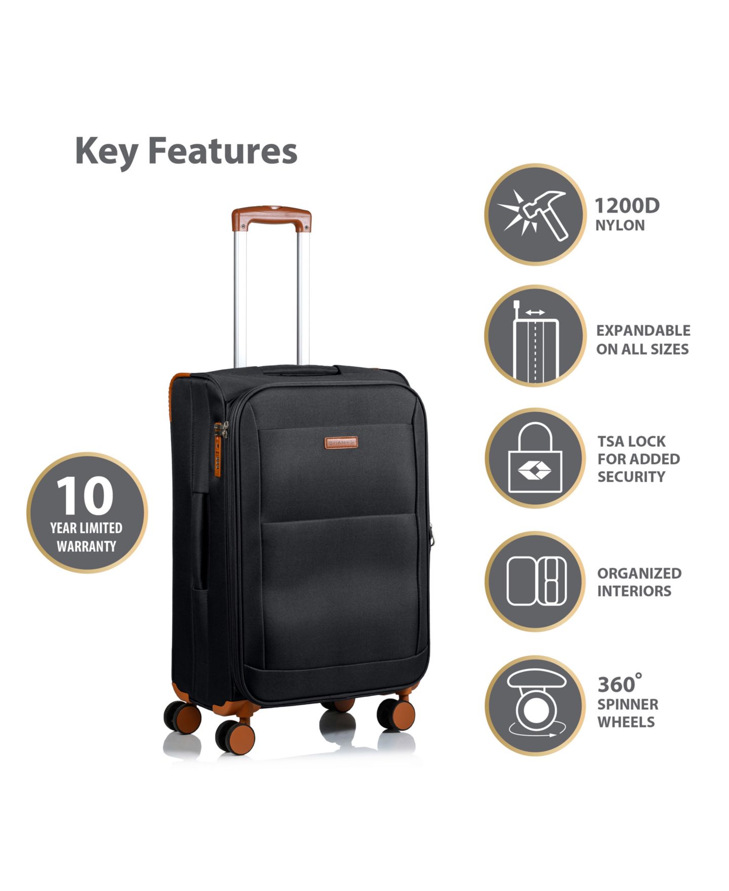 Чемоданы CHAMPS Classic 3 Piece Softside Luggage Set, цвет: Чёрный — фото 2