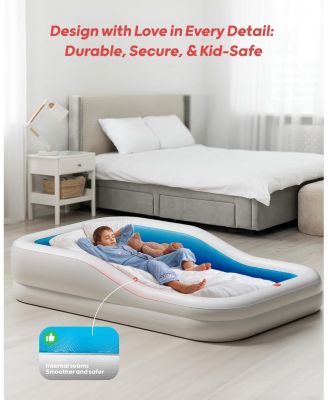Inflatable Toddler Travel Bed with 3-Sided Safety Bumpers, Extra Large Kids Air Mattress, Includes Detachable Mattress, Portable