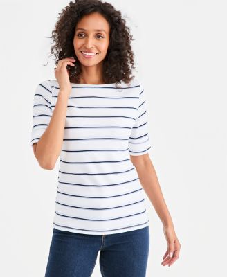 Women's Printed Boat-Neck Elbow-Sleeve Top