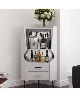 Wooden Corner Bar Cabinet with Mirrored Back and 2 Drawers