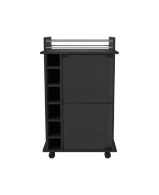 Wengue 2-Tier Glass Door Bar Cart with 6 Cubbies and Lockable Wheels