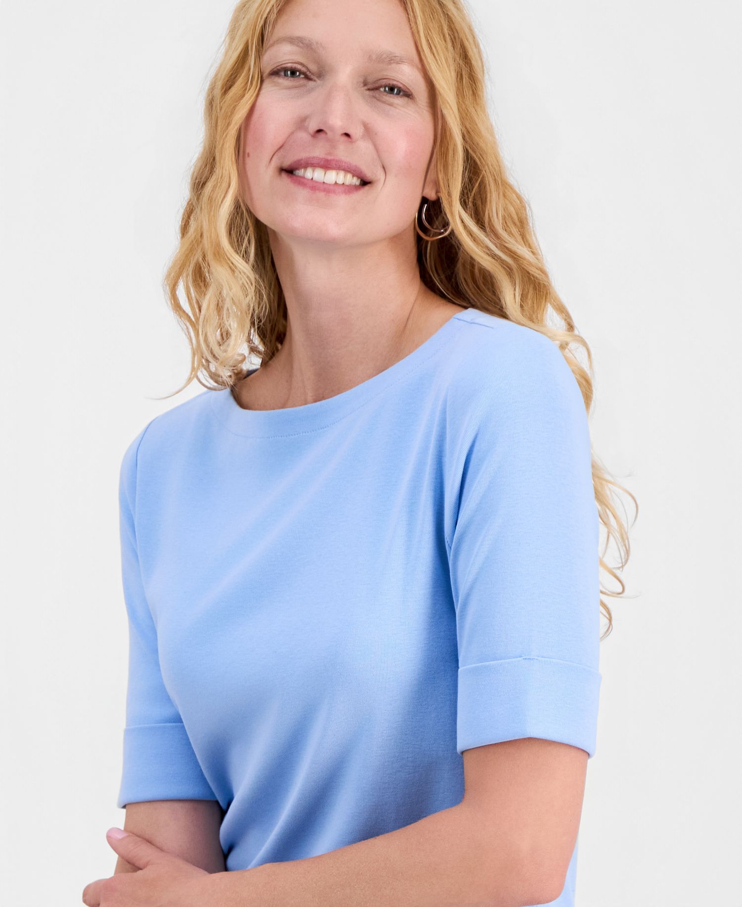 Petite Cotton Elbow-Sleeve Boat-Neck Top