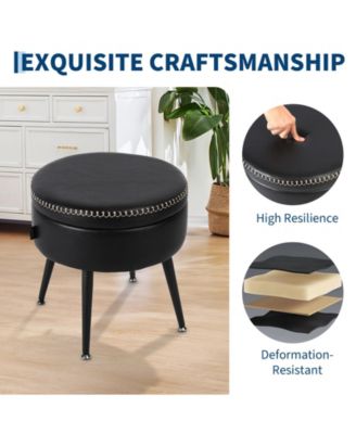 Modern Storage Ottoman and Vanity Stool, Synthetic Leather Round Seat, 330 lb Capacity Steel Legs, Multi-Functional Footrest and Bedroom Bench