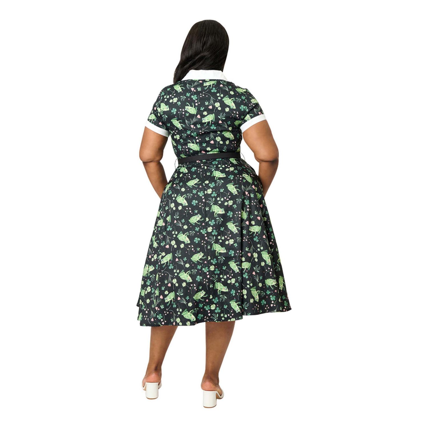 Plus Size Collared Short Sleeved Belted Swing Dress